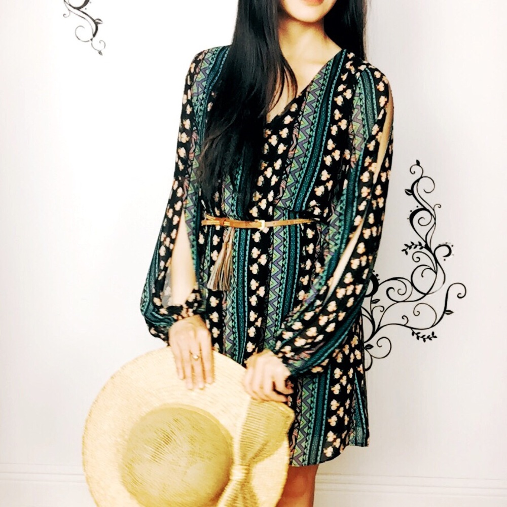 Boho floral print open shoulder blouson dress